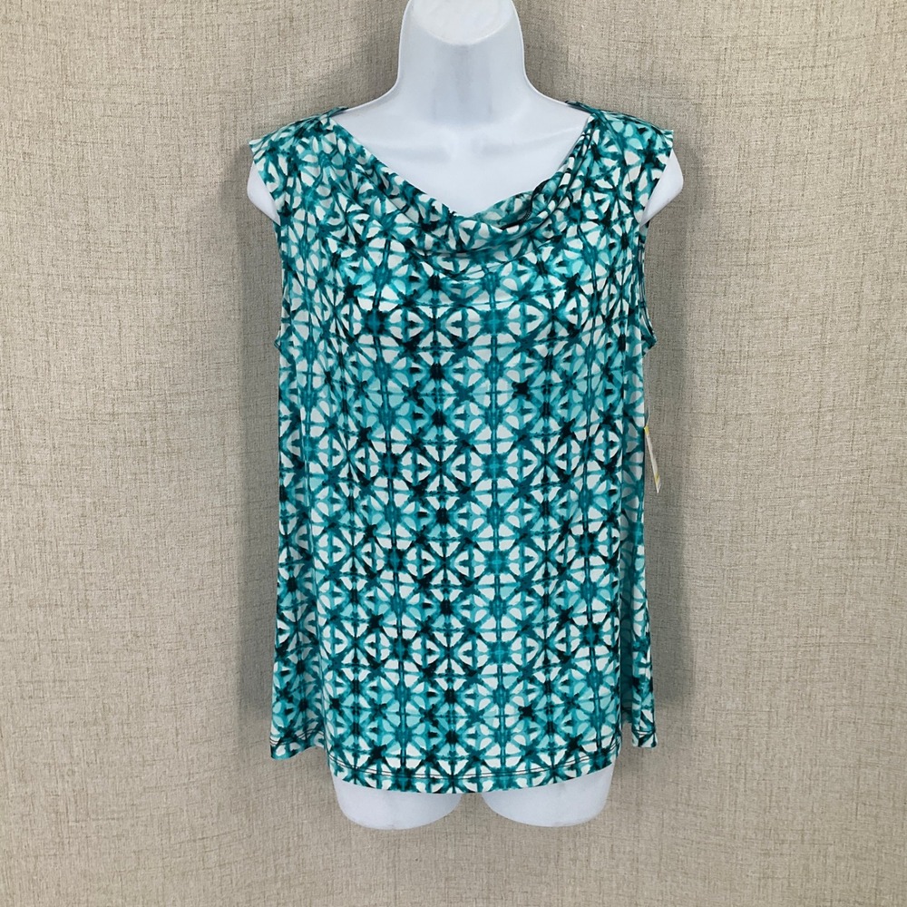 Kasper Top Women Medium Caribbean Blue Multi Geometric Cowl Neck Sleeveless NEW